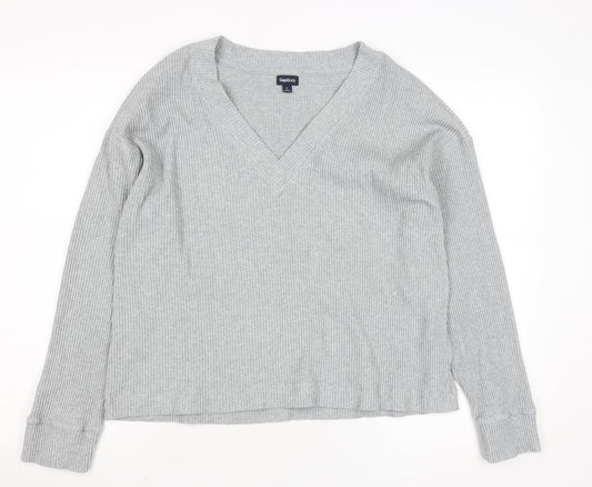 GapBody Women’s Grey V-Neck Rib Knit Pullover Jumper Size L