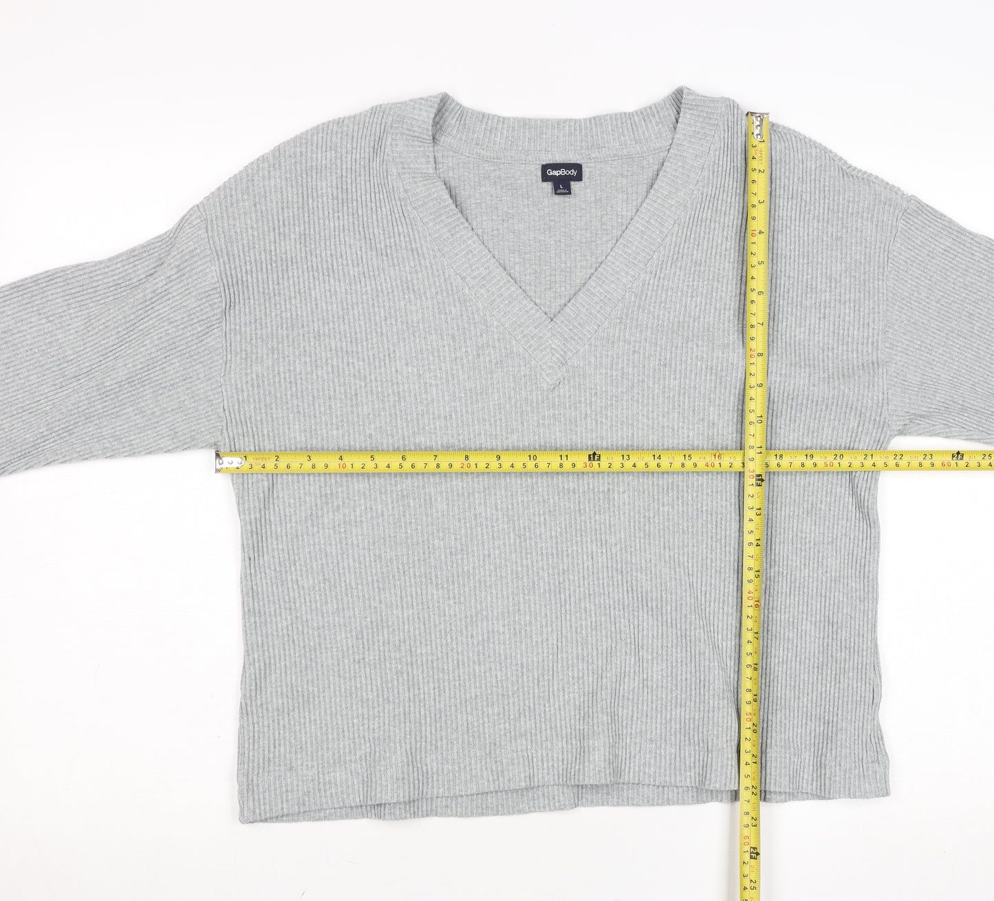 GapBody Women’s Grey V-Neck Rib Knit Pullover Jumper Size L