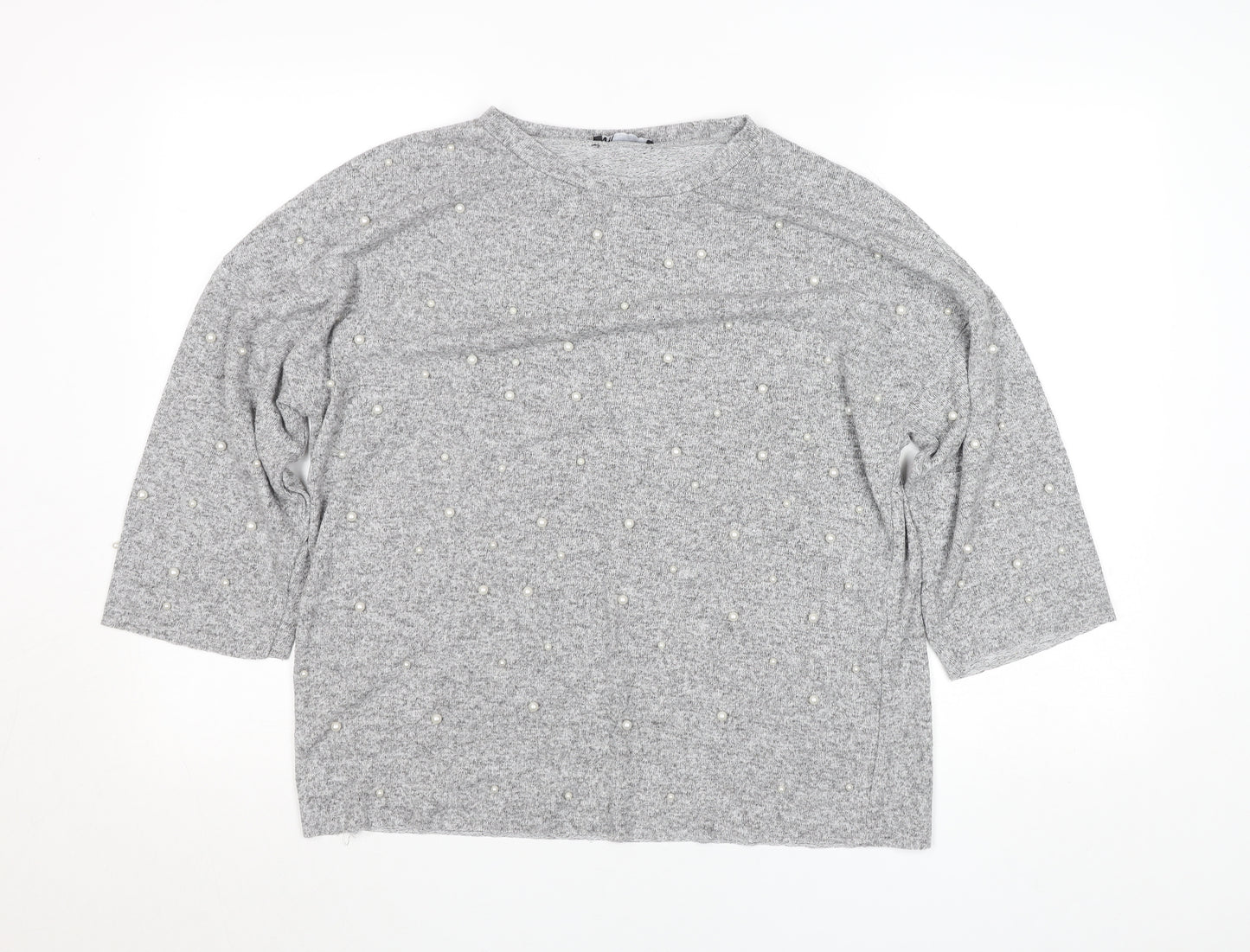 Zara Women Grey Beaded 3/4 Sleeve Knit Top Size M