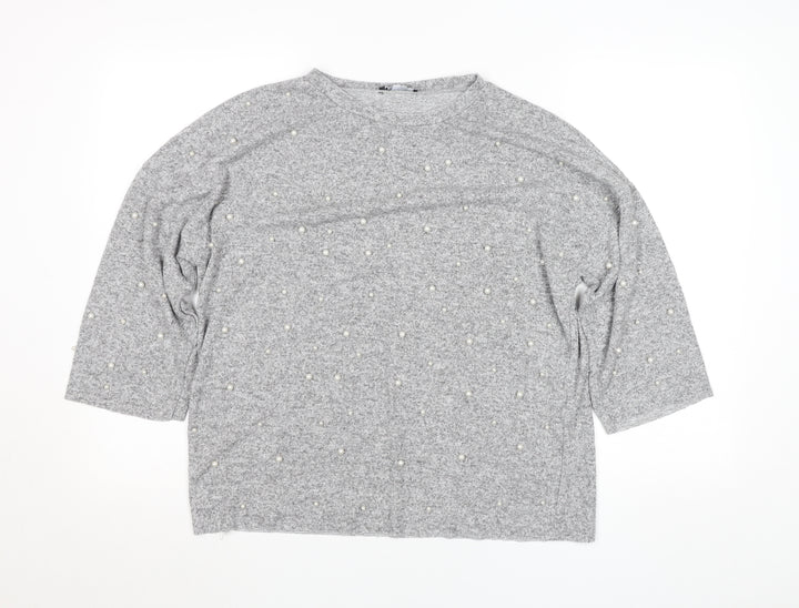 Zara Women Grey Beaded 3/4 Sleeve Knit Top Size M