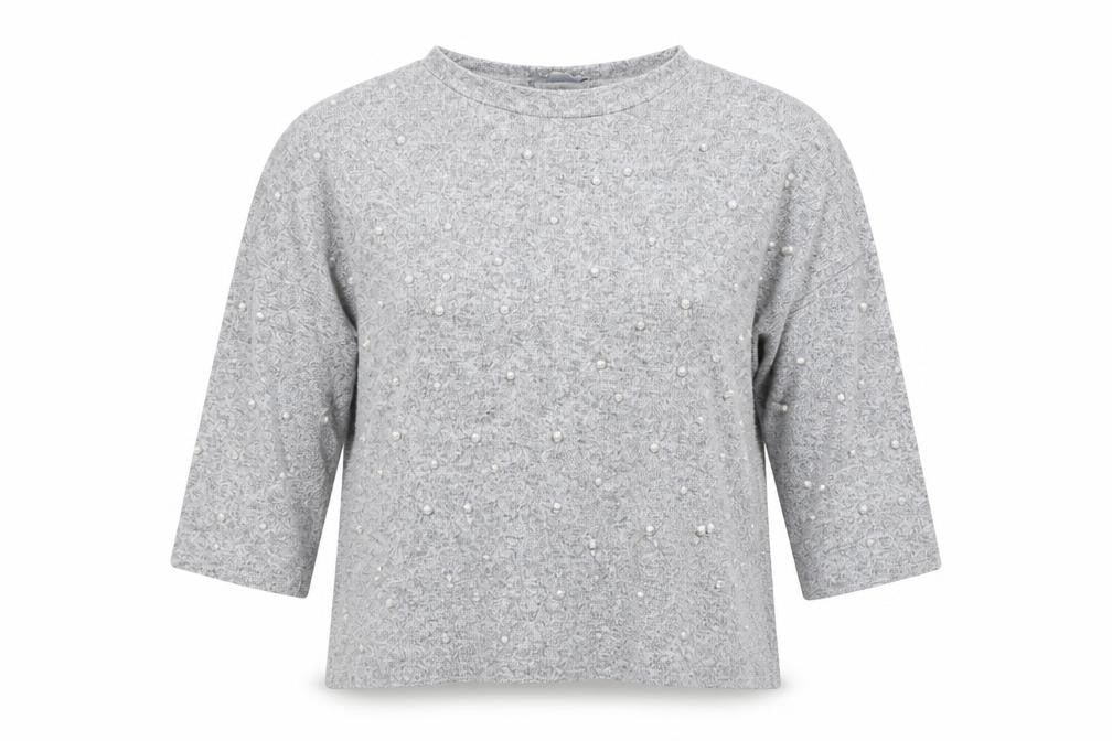 Front view of Zara Women Grey Beaded 3/4 Sleeve Knit Top, size M