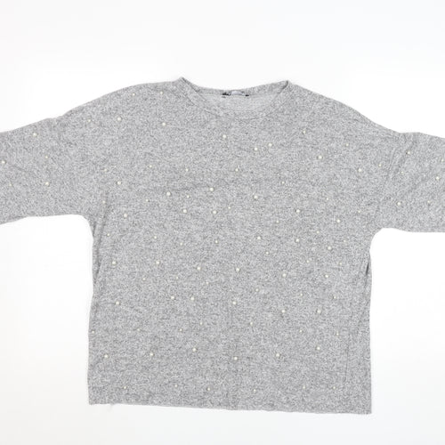 Zara Women Grey Beaded 3/4 Sleeve Knit Top Size M