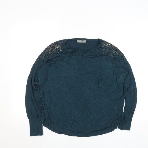 Oasis Women’s Blue Beaded Long Sleeve Viscose Knit Blouse Size M