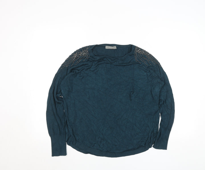 Oasis Women’s Blue Beaded Long Sleeve Viscose Knit Blouse Size M