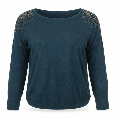 Oasis Women’s Blue Beaded Long Sleeve Viscose Knit Blouse Size M