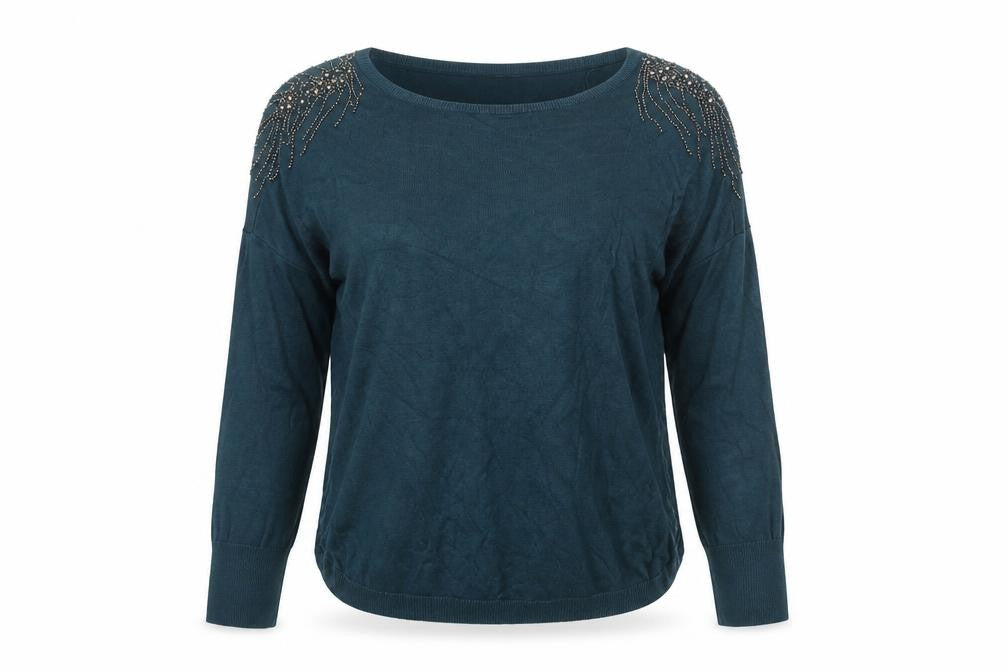 Oasis Women’s Blue Beaded Long Sleeve Viscose Knit Blouse Size M