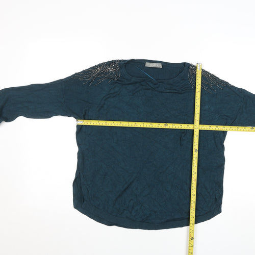 Oasis Women’s Blue Beaded Long Sleeve Viscose Knit Blouse Size M