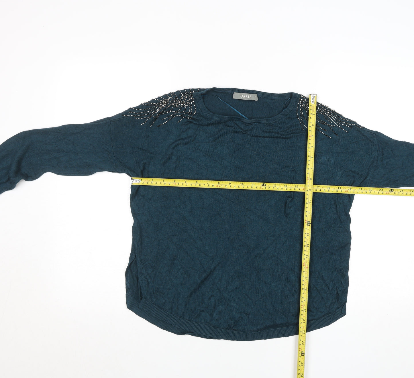 Oasis Women’s Blue Beaded Long Sleeve Viscose Knit Blouse Size M