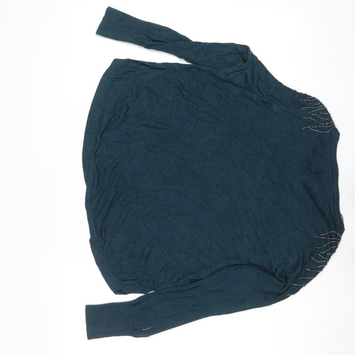 Oasis Women’s Blue Beaded Long Sleeve Viscose Knit Blouse Size M