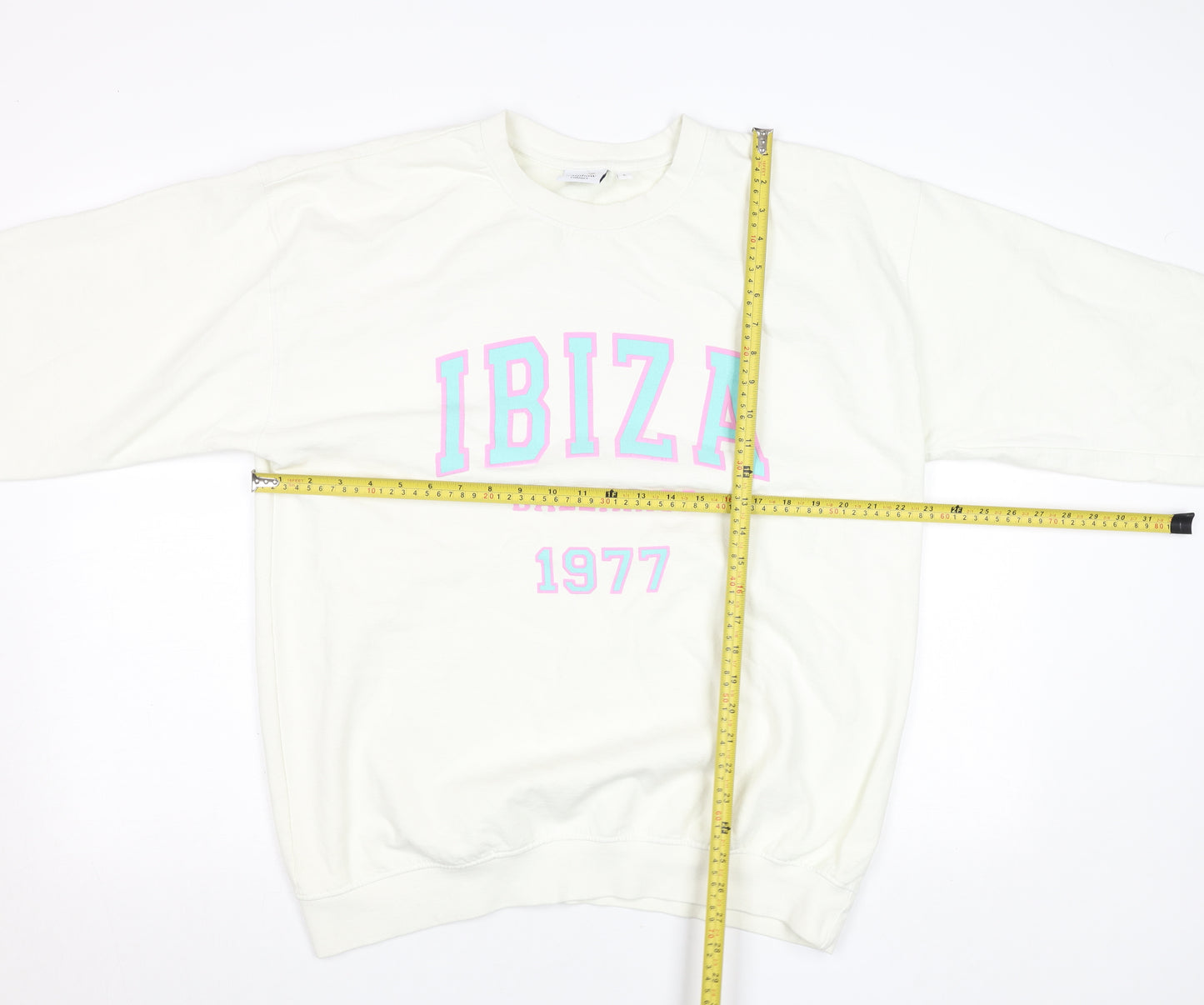 Rainbow Colours Women White Ibiza 1977 Crew Neck Pullover Sweatshirt L