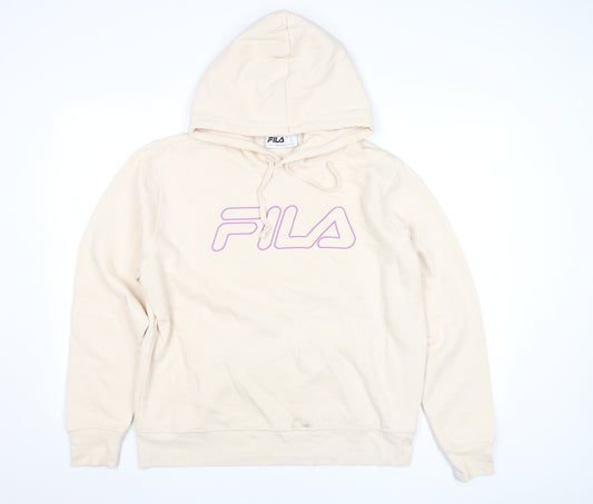 FILA Men Beige Pullover Hoodie L Fleece Logo Sportswear