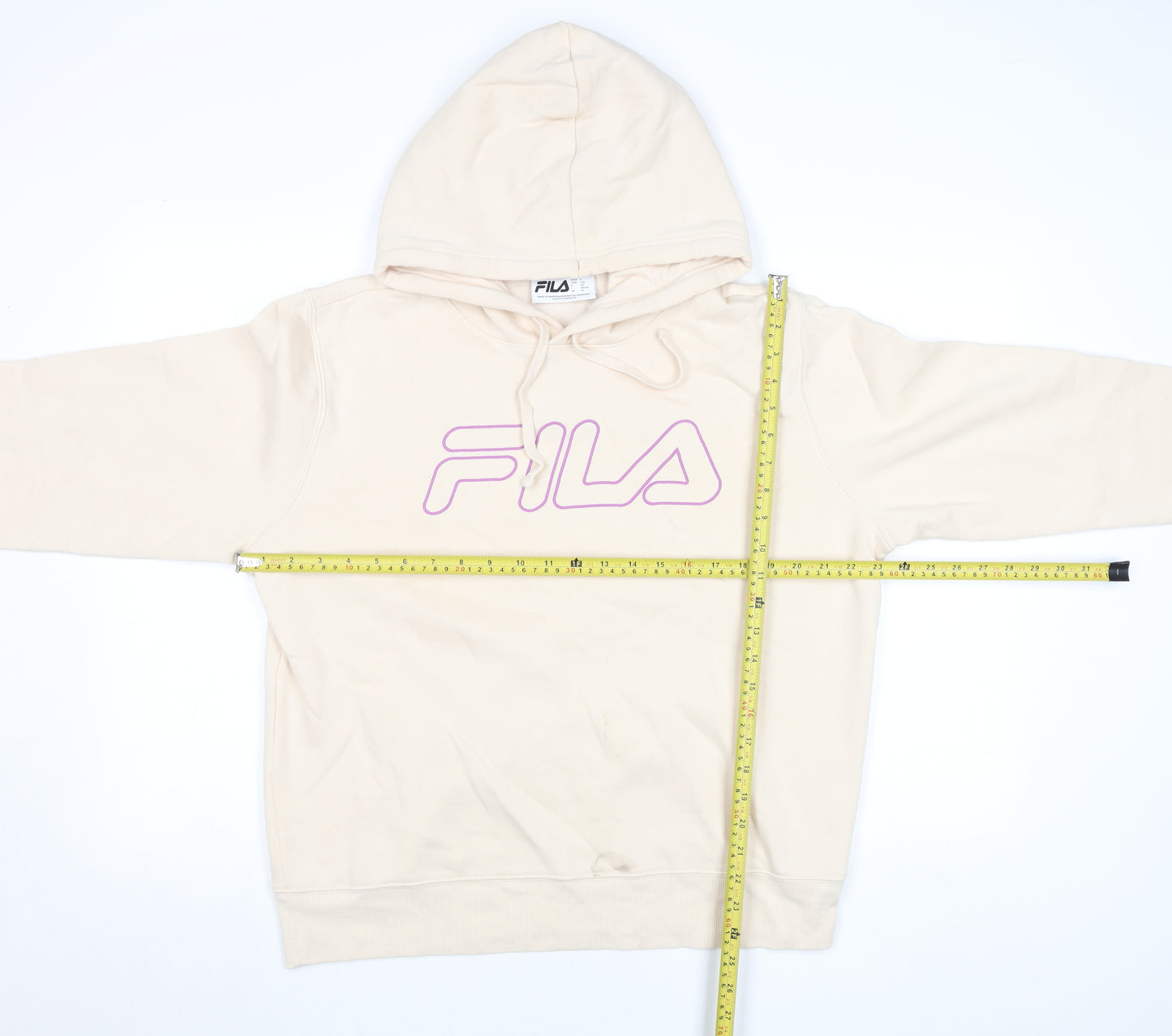 FILA Men Beige Pullover Hoodie L Fleece Logo Sportswear