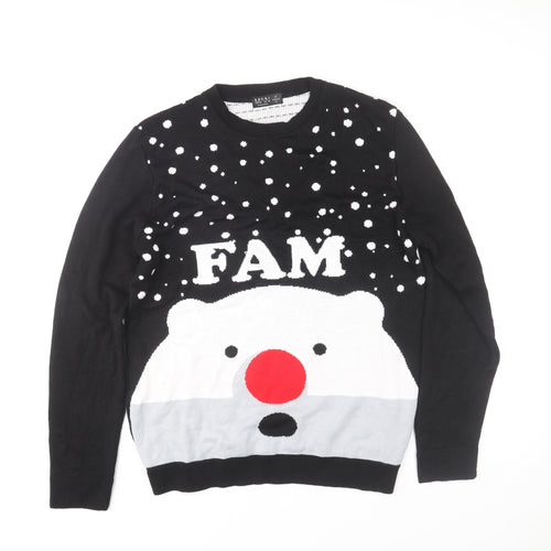 boohooMAN Men's Black Medium Christmas Polar Bear Knit Jumper