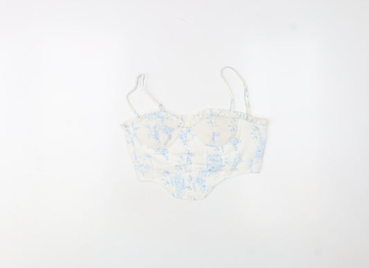 Cider Women’s White Blue Floral Cropped Zip Tank Top S