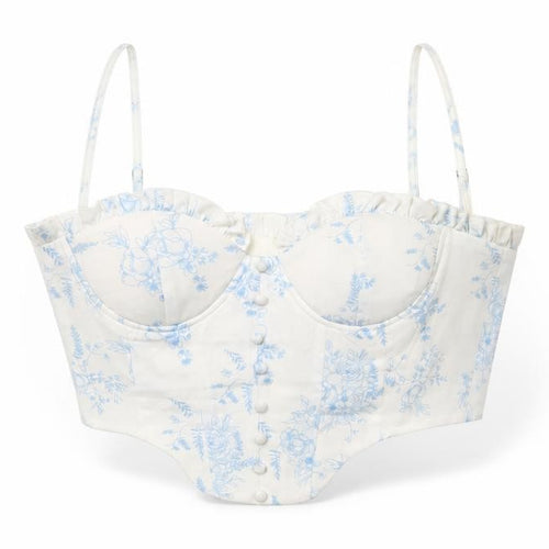 Cider Women’s White Blue Floral Cropped Zip Tank Top S