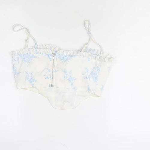 Cider Women’s White Blue Floral Cropped Zip Tank Top S
