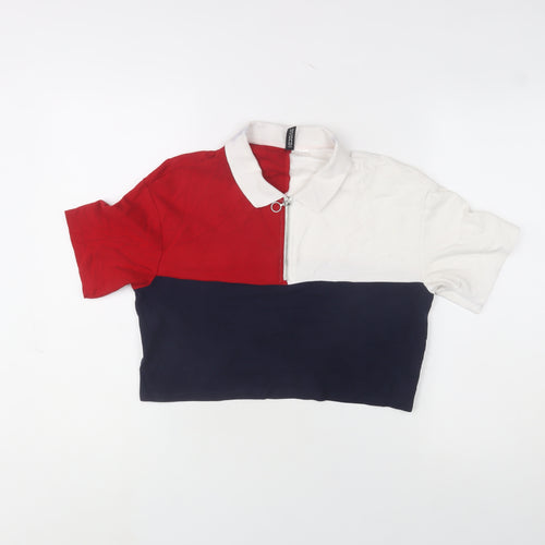 Bershka Women's Colourblock Polo Crop Top Red Navy White Size M