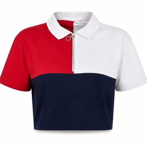 Bershka Women's Colourblock Polo Crop Top Red Navy White Size M