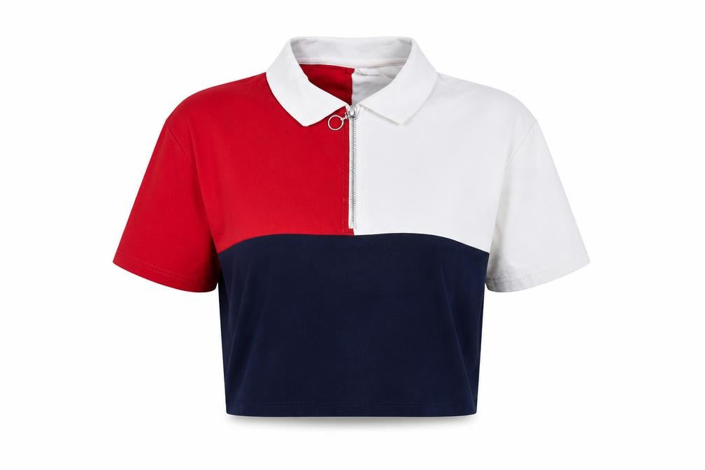 Bershka Women's Colourblock Polo Crop Top Red Navy White Size M
