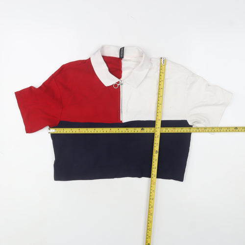 Bershka Women's Colourblock Polo Crop Top Red Navy White Size M