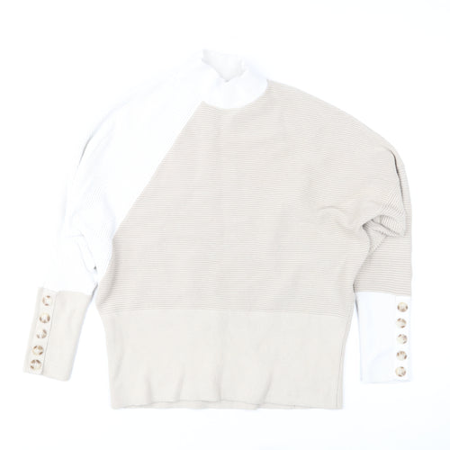 Mint Velvet Women's Beige White Mock Neck Button Sleeve Jumper Size M