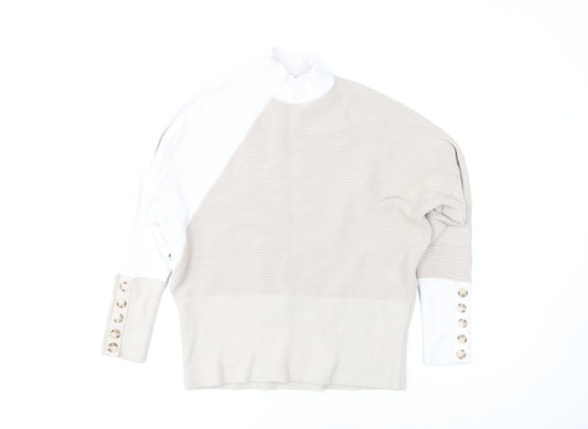 Mint Velvet Women's Beige White Mock Neck Button Sleeve Jumper Size M