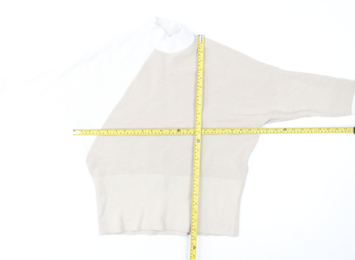 Mint Velvet Women's Beige White Mock Neck Button Sleeve Jumper Size M
