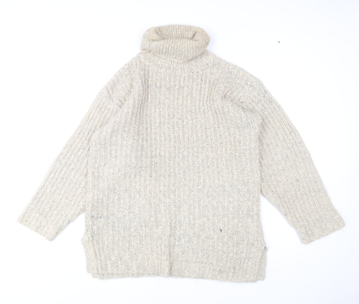 VIZ-A-VIZ Women Beige Roll Neck Chunky Knit Mohair Blend Jumper One Size