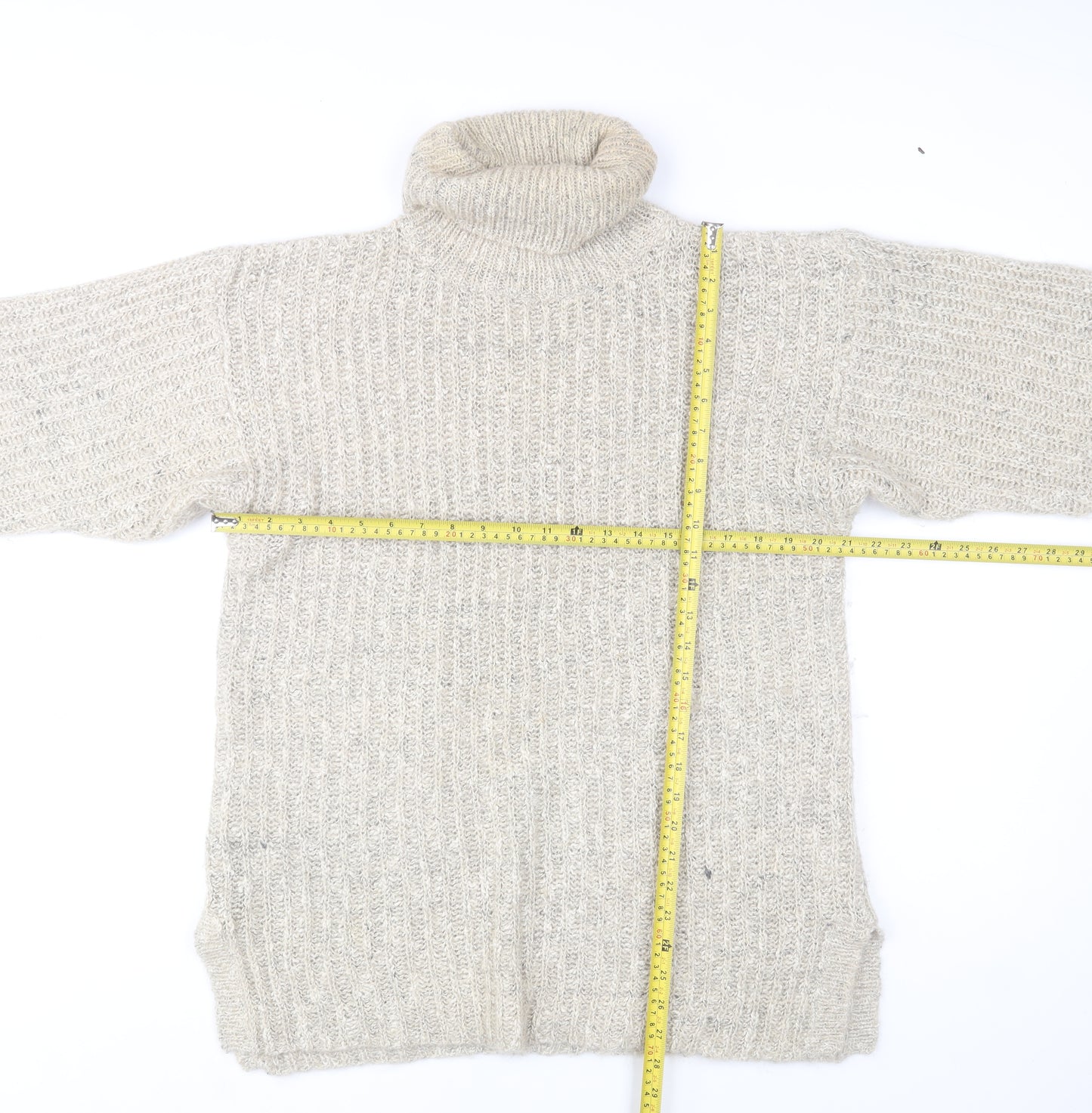 VIZ-A-VIZ Women Beige Roll Neck Chunky Knit Mohair Blend Jumper One Size