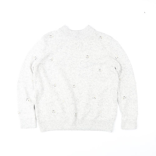 Marks and Spencer Women Grey Mock Neck Beaded Wool Blend Jumper Size 14