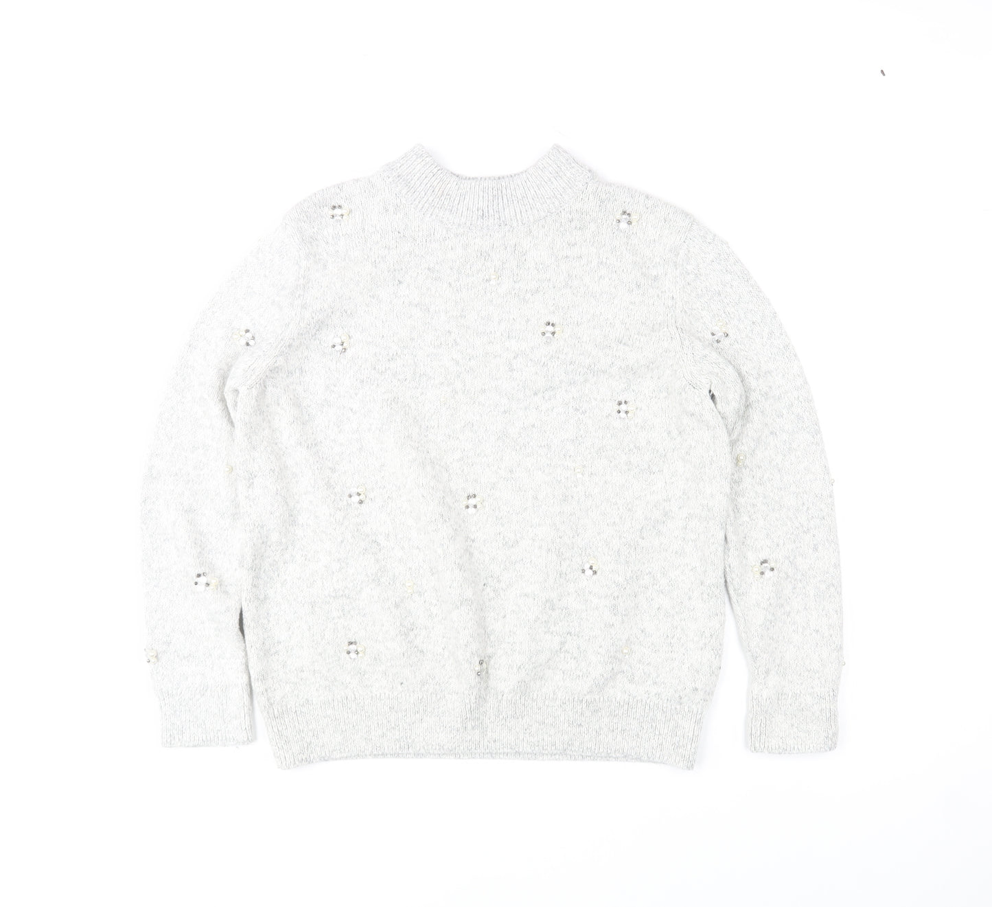 Marks and Spencer Women Grey Mock Neck Beaded Wool Blend Jumper Size 14
