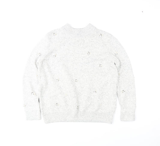 Marks and Spencer Women Grey Mock Neck Beaded Wool Blend Jumper Size 14