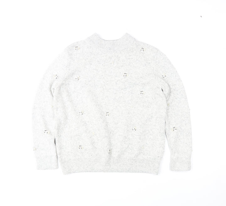 Marks and Spencer Women Grey Mock Neck Beaded Wool Blend Jumper Size 14