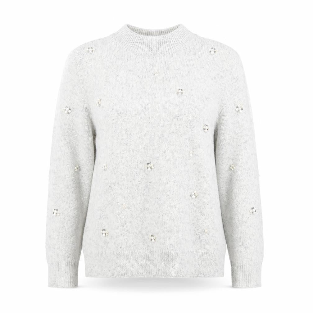 Front view of Marks & Spencer Women Grey Mock Neck Beaded Wool Blend Jumper, size 14