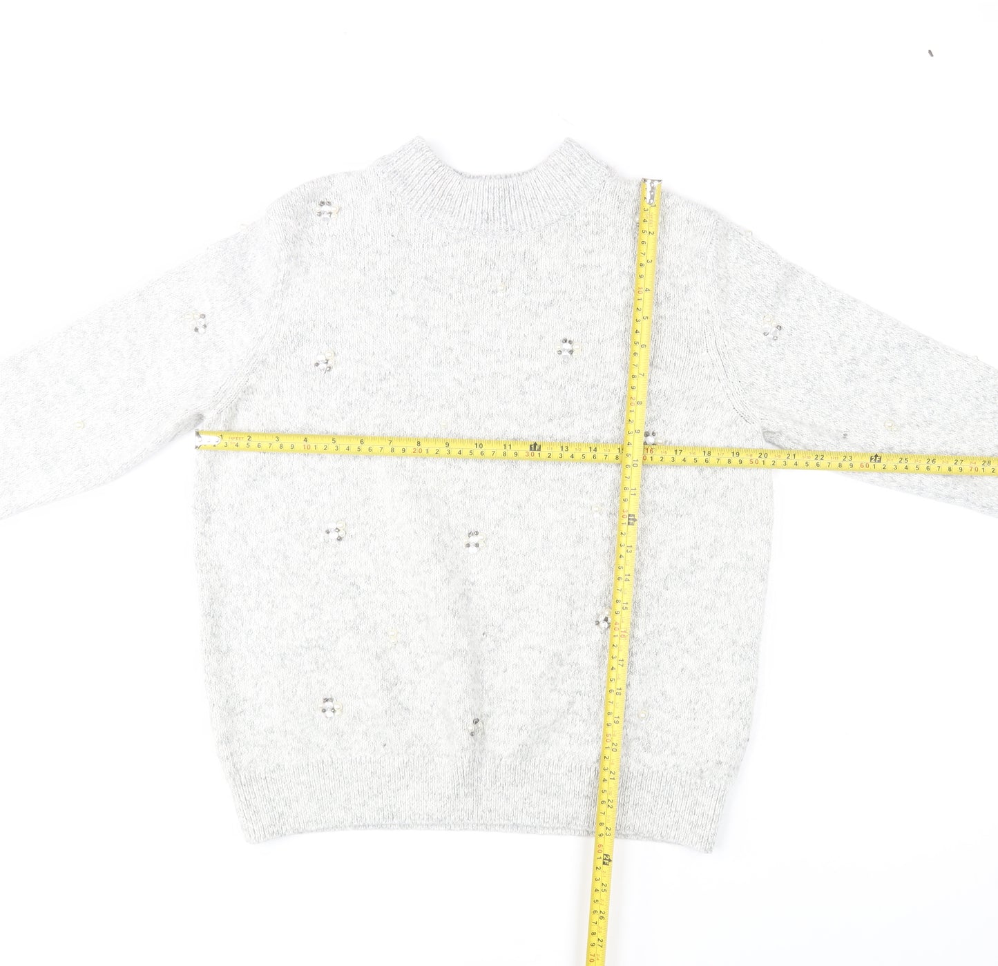 Marks and Spencer Women Grey Mock Neck Beaded Wool Blend Jumper Size 14