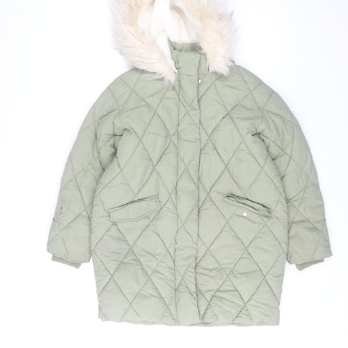 Mint Velvet Girls Green Quilted Hooded Faux Fur Trim Winter Coat 8 Years