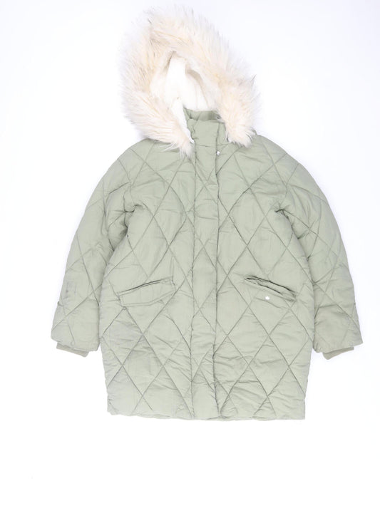 Mint Velvet Girls Green Quilted Hooded Faux Fur Trim Winter Coat 8 Years