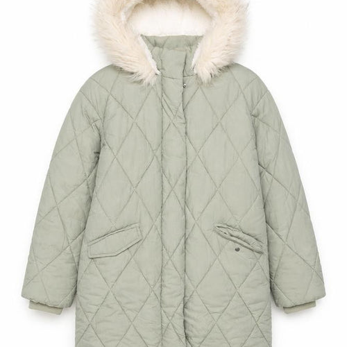 Mint Velvet Girls Green Quilted Hooded Faux Fur Trim Winter Coat 8 Years