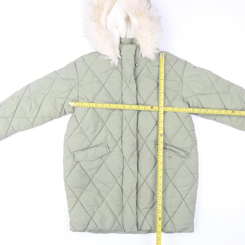 Mint Velvet Girls Green Quilted Hooded Faux Fur Trim Winter Coat 8 Years