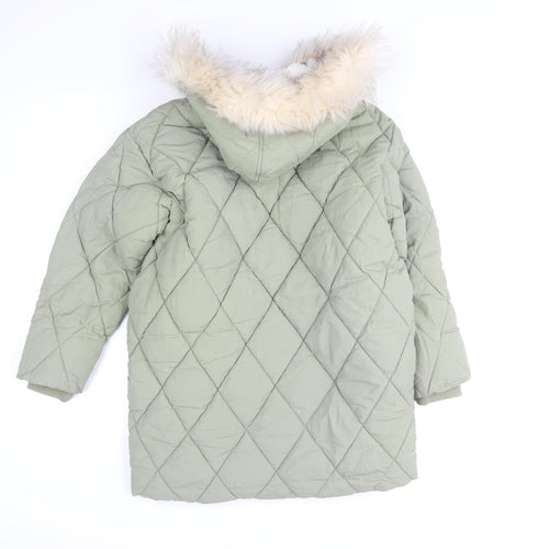 Mint Velvet Girls Green Quilted Hooded Faux Fur Trim Winter Coat 8 Years