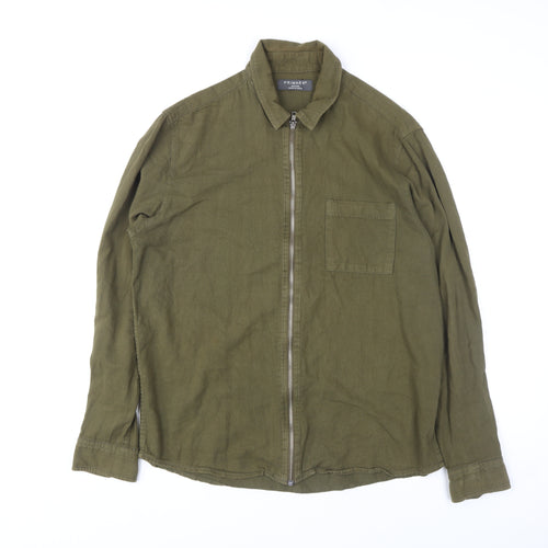 Primark Men's Green Cotton Zip Up Long Sleeve Casual Shirt M