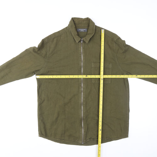 Primark Men's Green Cotton Zip Up Long Sleeve Casual Shirt M