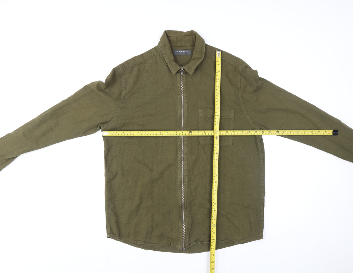 Primark Men's Green Cotton Zip Up Long Sleeve Casual Shirt M