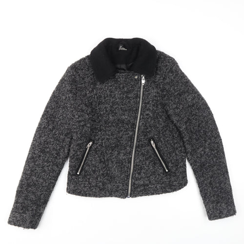H&M Women Grey Wool Blend Biker Jacket Size 8 Zip Pockets Lined