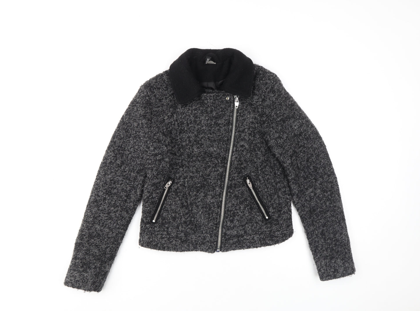 H&M Women Grey Wool Blend Biker Jacket Size 8 Zip Pockets Lined