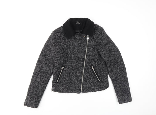 H&M Women Grey Wool Blend Biker Jacket Size 8 Zip Pockets Lined