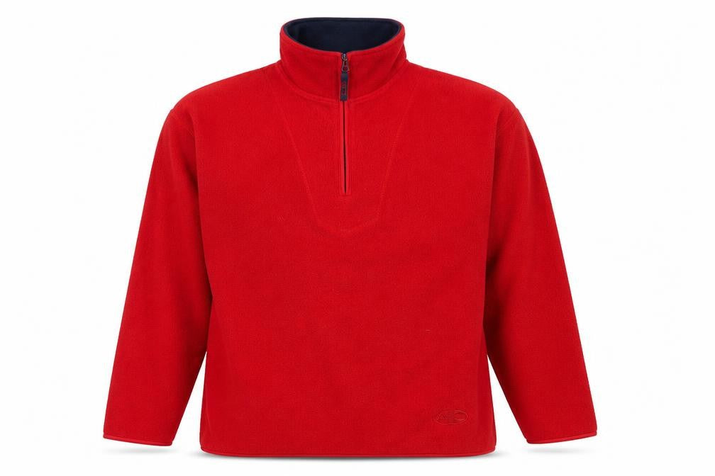 Front view of Authentic men’s red fleece 1/4 zip jacket, size L