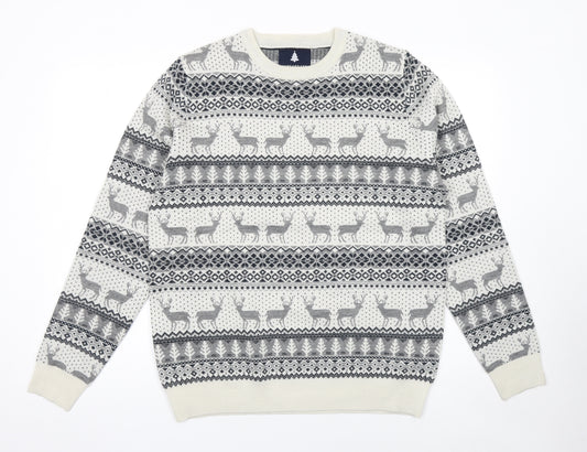 Threadbare Men's Grey Fair Isle Reindeer Knit Jumper Size L Winter Pullover