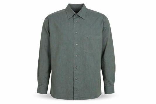 Front view of Melka men’s green cotton blend long sleeve button-up shirt 16.5in