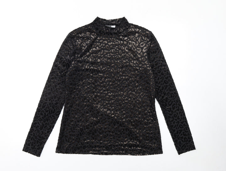 Mint Velvet Women's Black Animal Print Velvet Sheer Long Sleeve Blouse M